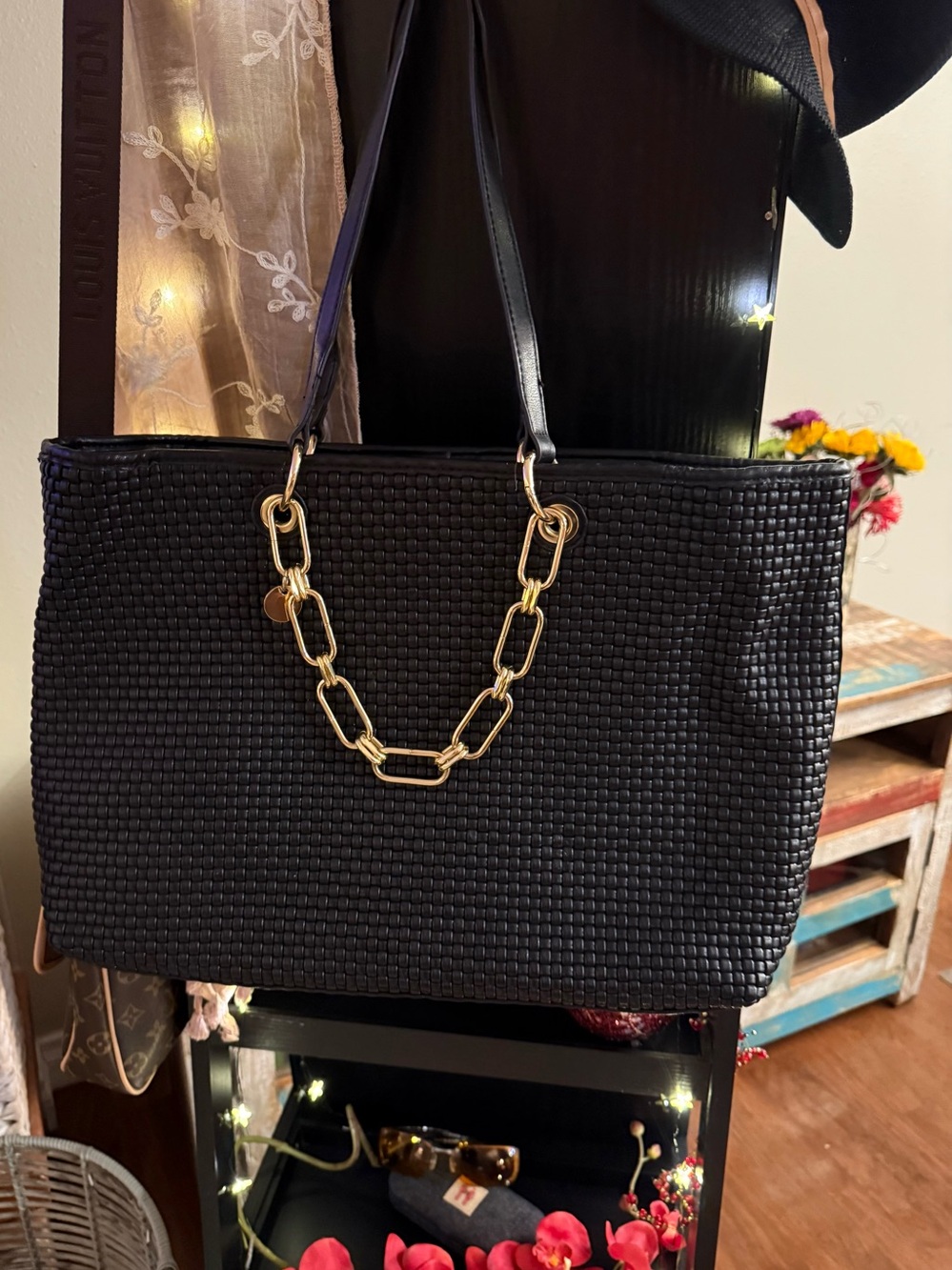 Aldo Black Woven Tote with Gold Chain Accent